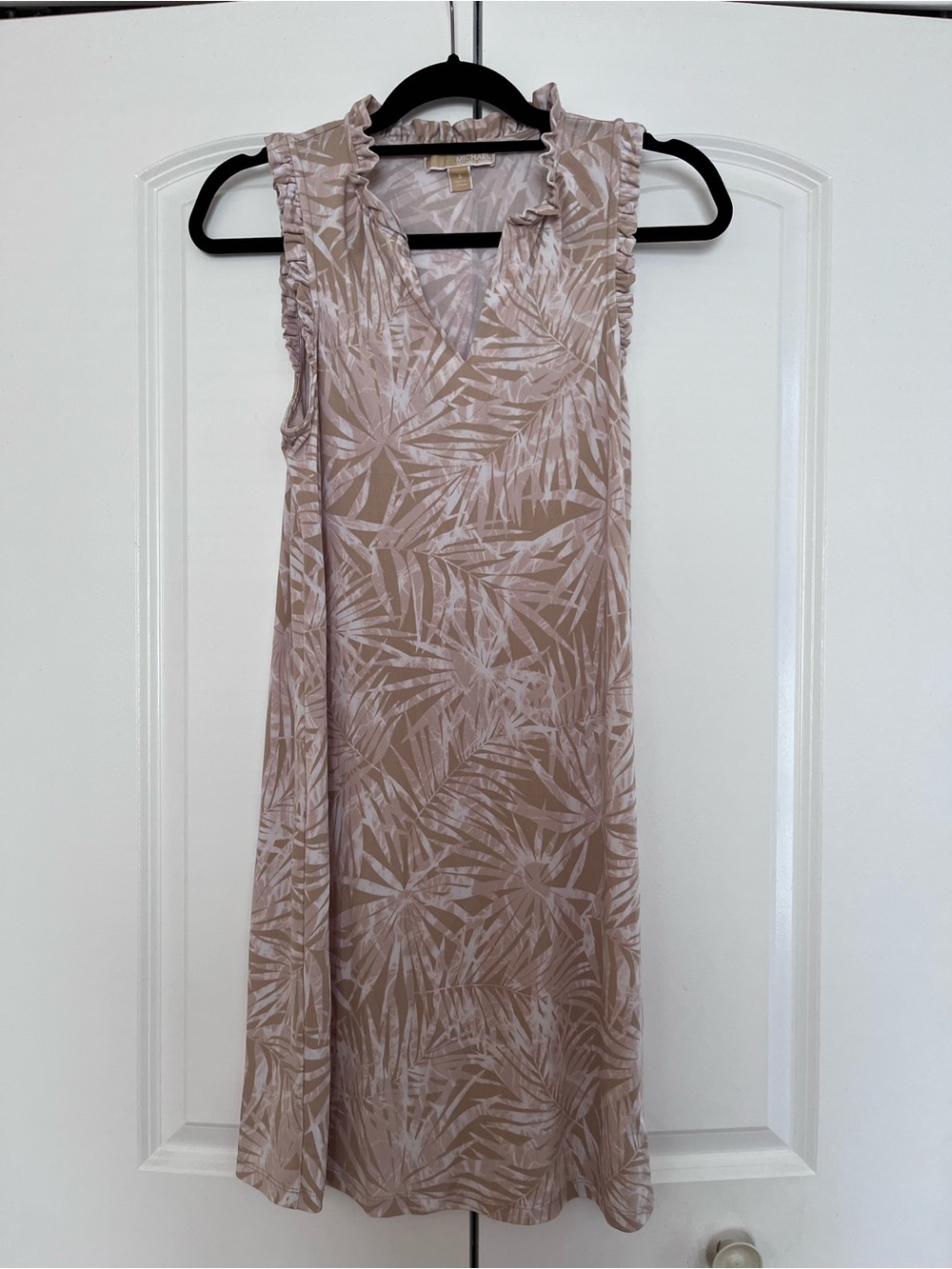 Michael Kors Blush Palm-Print Ruffle Midi Dress